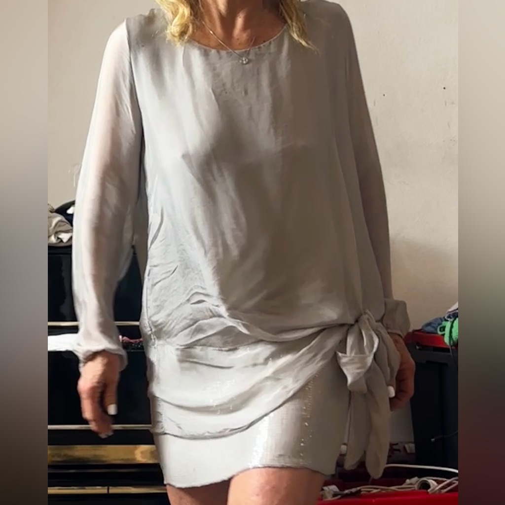 Italian Gray Long Sleeve Silk Dress. Silk Overlay With Jersey Dress Under. Med